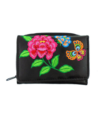 Embroidered Peony & butterfly Small Wallet- Black
