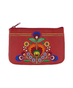 Embroidered Polska Flower Coin Pouch- Red