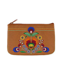 Embroidered Polska Flower Coin Pouch- Brown