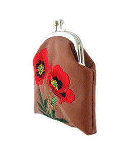 Embroidered Poppy Coin Purse- Brown