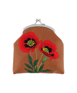 Embroidered Poppy Coin Purse- Brown