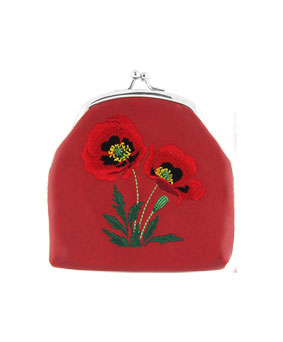 Embroidered Poppy Coin Purse- Red