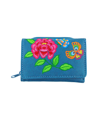 Embroidered Peony & butterfly Small Wallet- Blue