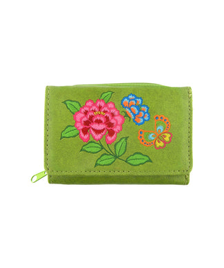 Embroidered Peony & butterfly Small Wallet- Green