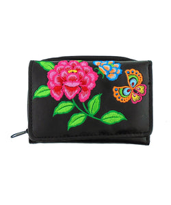 Embroidered Peony & butterfly Small Wallet- Black