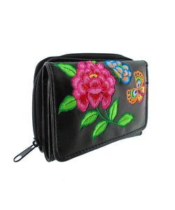 Embroidered Peony & butterfly Small Wallet- Black