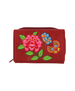 Embroidered Peony & butterfly Small Wallet- Red