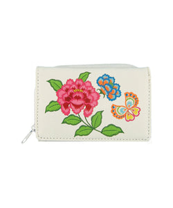 Embroidered Peony & butterfly Small Wallet- White