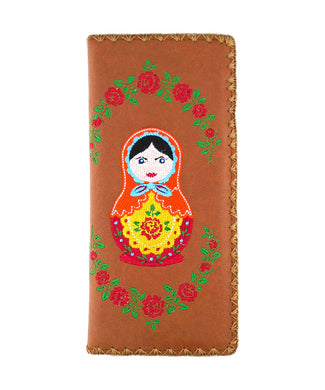 Embroidered Matryoshka Doll Large Wallet- Brown