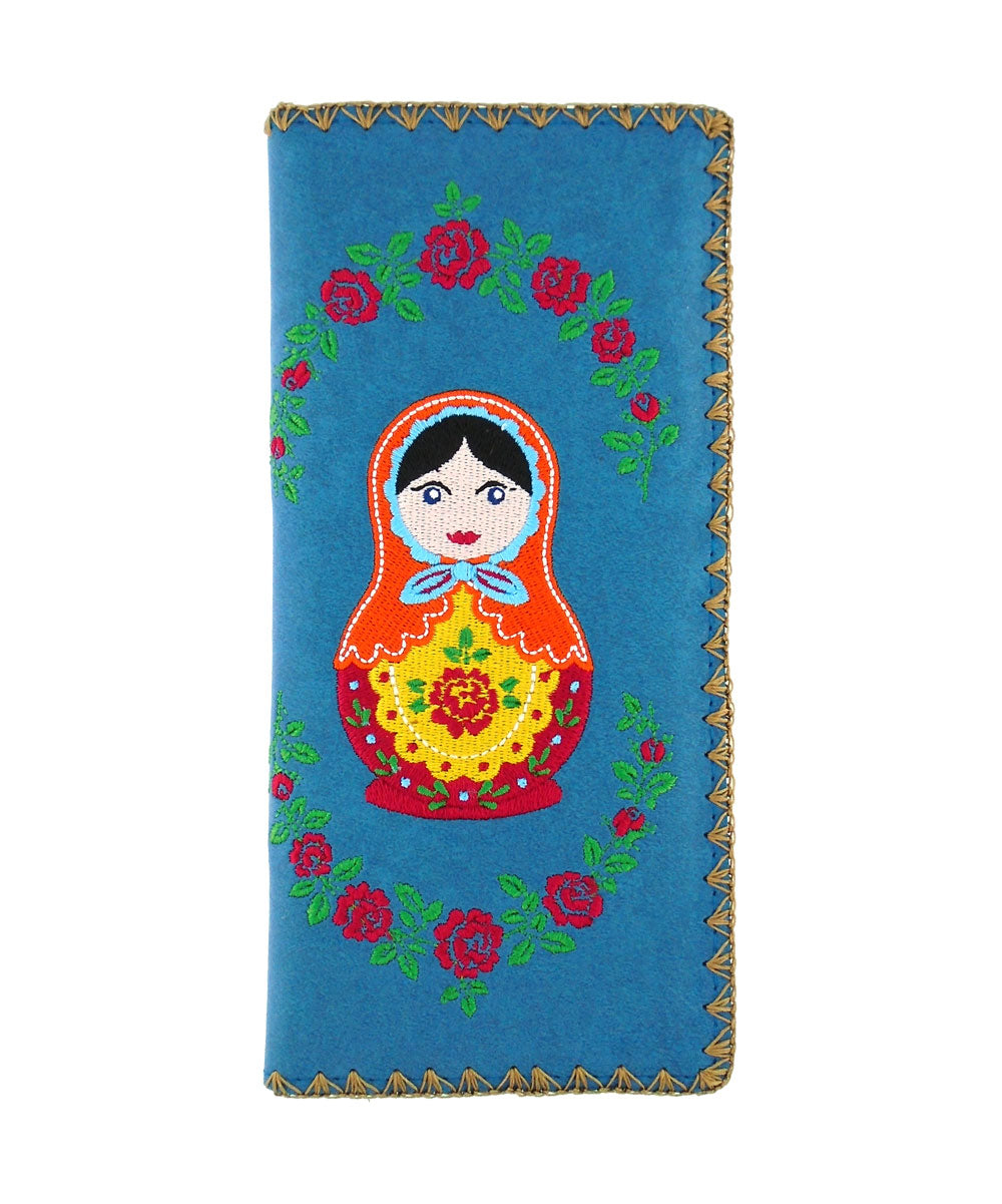 Embroidered Matryoshka Doll Large Wallet- Blue