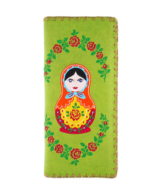 Embroidered Matryoshka Doll Large Wallet- Green