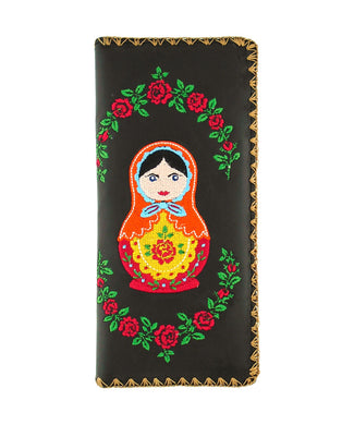 Embroidered Matryoshka Doll Large Wallet- Black