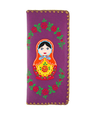 Embroidered Matryoshka Doll Large Wallet- Purple