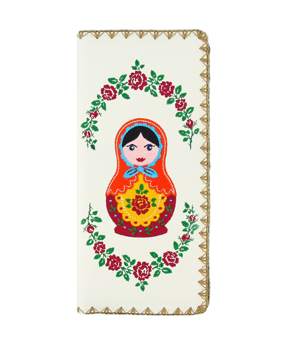 Embroidered Matryoshka Doll Large Wallet- White