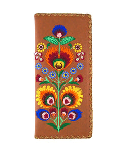 Embroidered Polska Flower Large Slim Wallet- Brown