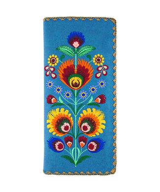 Embroidered Polska Flower Large Slim Wallet- Blue