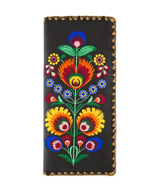 Embroidered Polska Flower Large Slim Wallet- Black