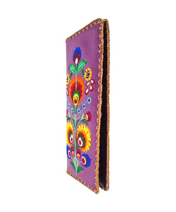 Embroidered Polska Flower Large Slim Wallet- Purple