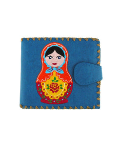 Embroidered Matryoshka Doll Medium Wallet- Blue