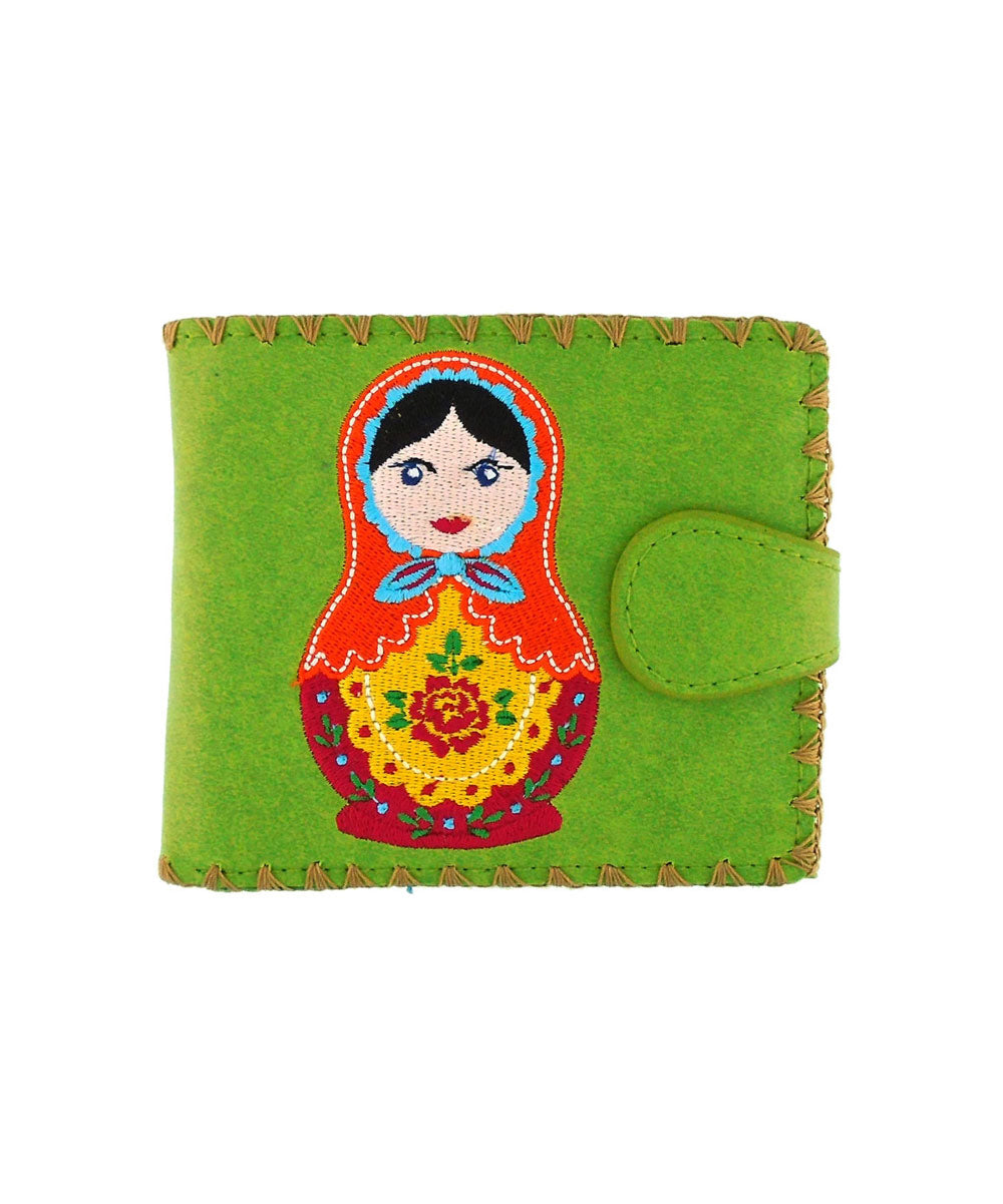 Embroidered Matryoshka Doll Medium Wallet- Green