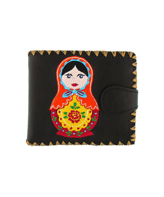 Embroidered Matryoshka Doll Medium Wallet- Black