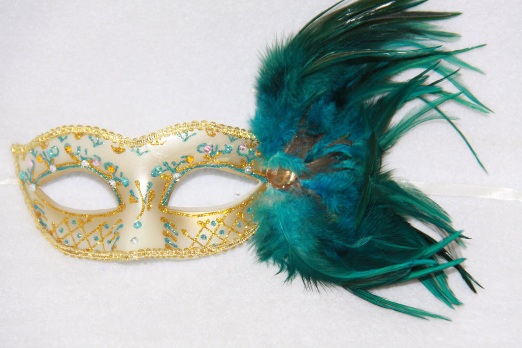 Feather Masquerade Mask Blue & Gold
