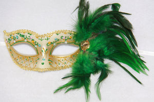 Feather Masquerade Mask Green & Gold