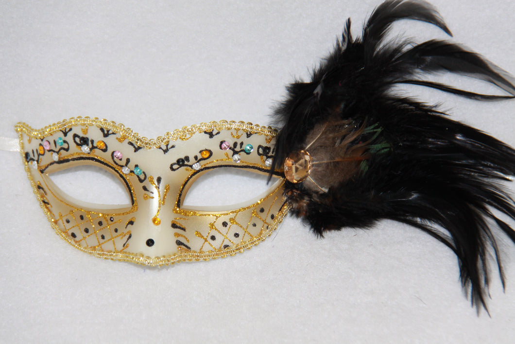 Feather Masquerade Mask Black & Gold