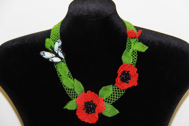 Poppies and Butterfly 3D Art Necklace