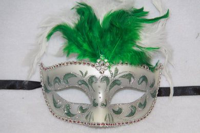 Feather Masquerade Mask Green & Silver