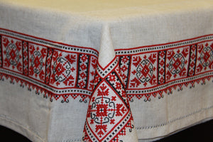 Hand Embroidered Natural Linen Tablecloth 94.5" x 55"