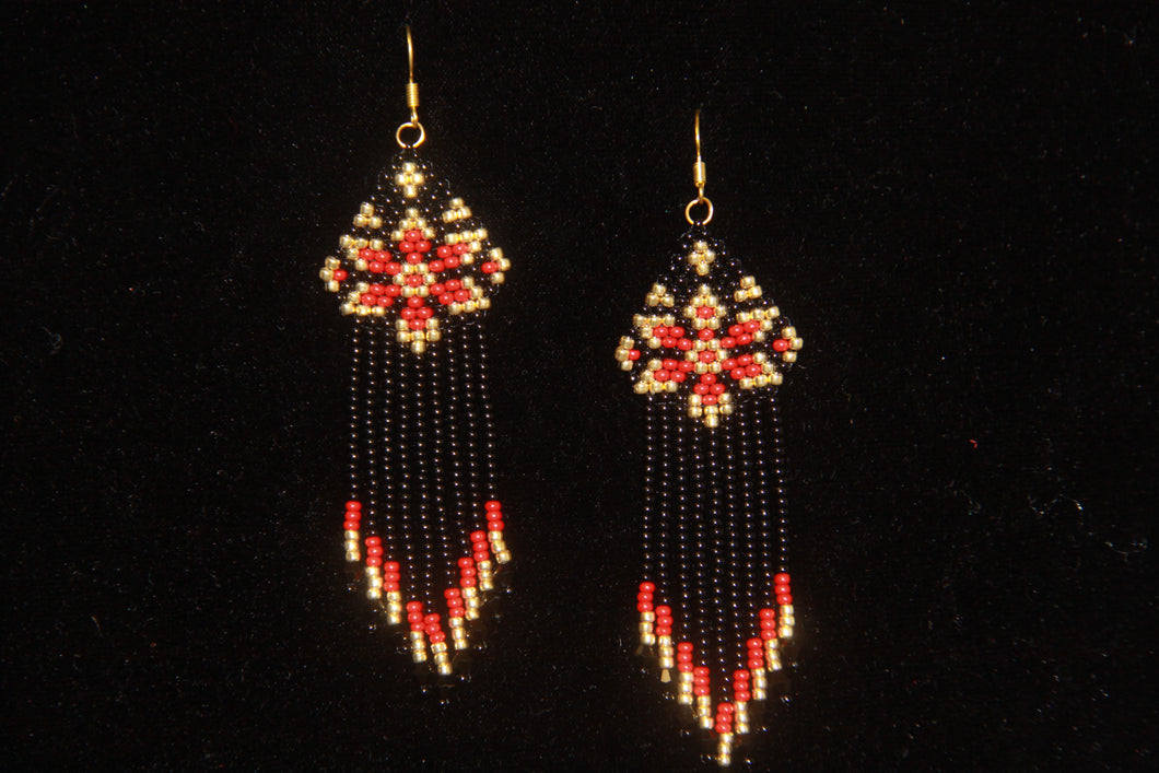 Long Black & Red Beaded Earrings