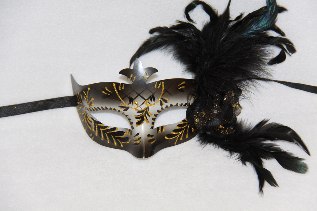 Masquerade Mask Flower Feather Black
