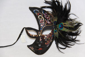Masquerade Face Mask Black & Red Feathery