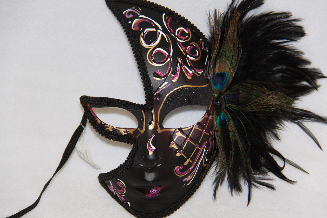 Masquerade Face Mask Black & Pink Feathery