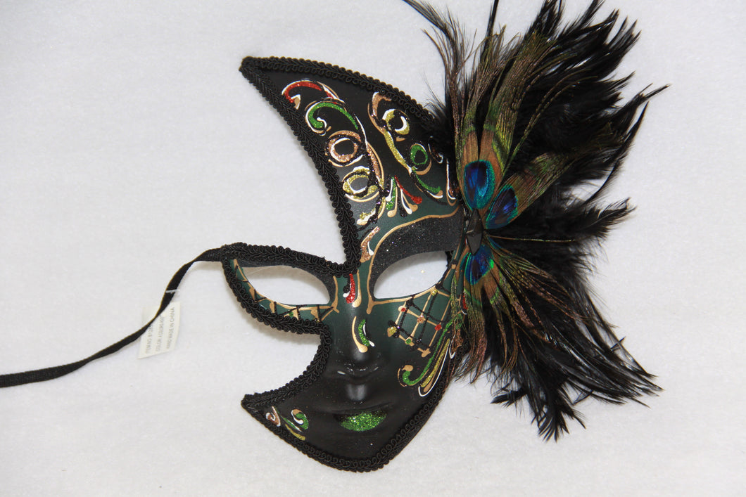 Masquerade Face Mask Black & Green Feathery
