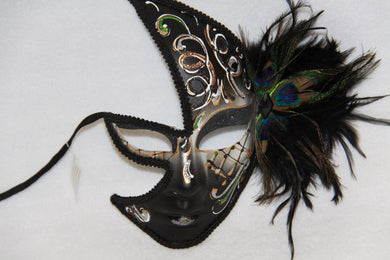 Masquerade Face Mask Black & Silver Feathery