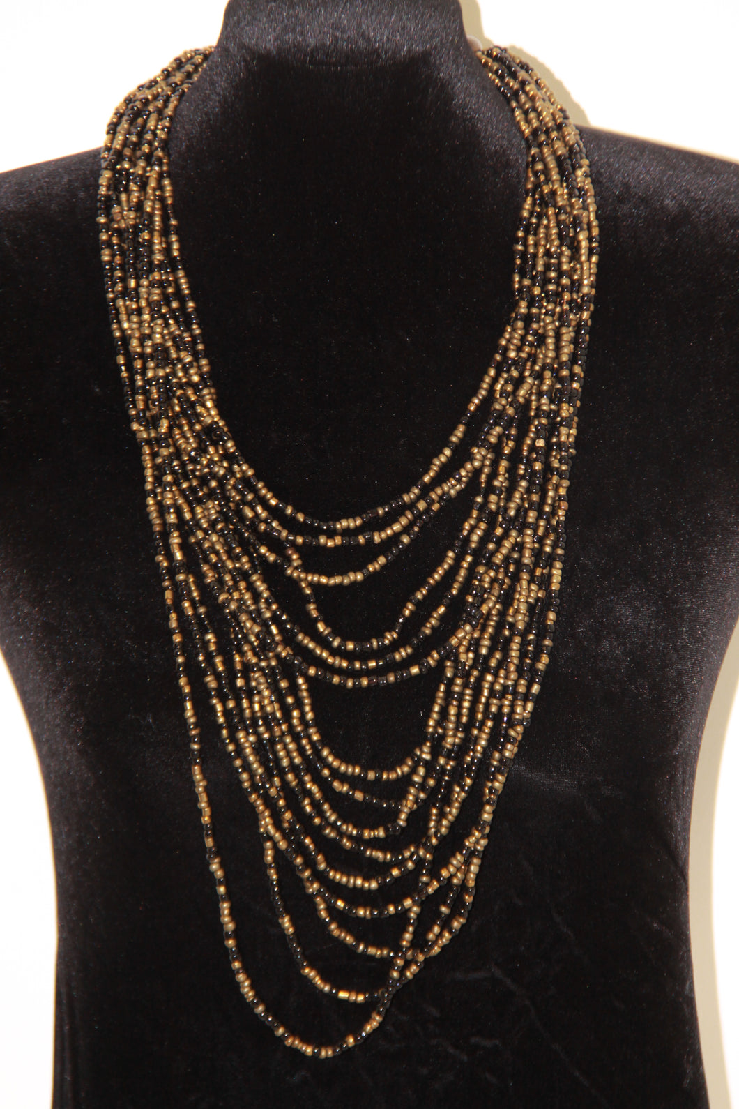 Long Black & Gold Beaded Necklace