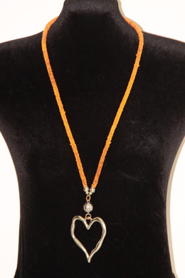 Long Coral Beaded Heart Necklace