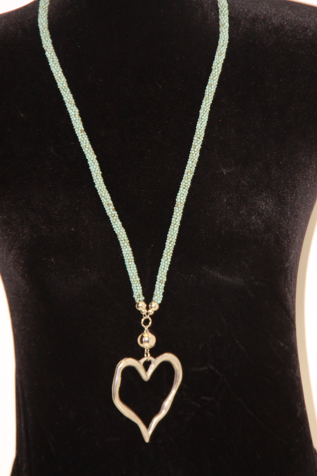 Long Blue Beaded Heart Necklace