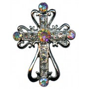 Silver Plated Cross Lapel Pin with Clear Crystals