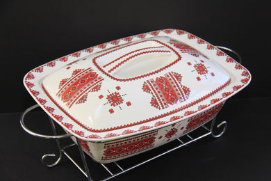 large rectangular casserole with warmer rack